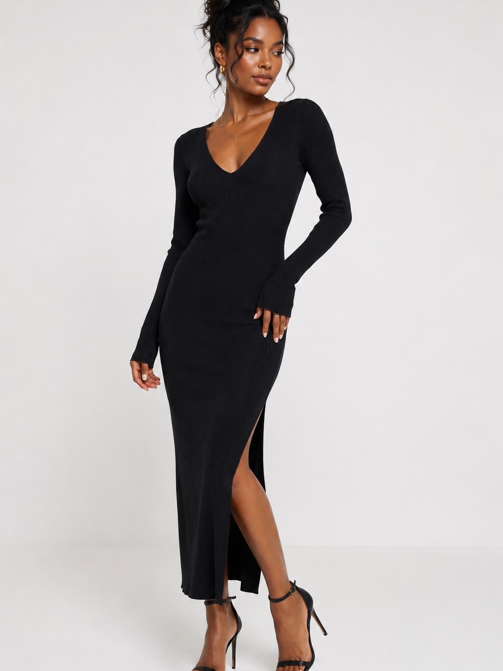 ASOS DESIGN Black Ribbed Knit V-Neck Sweater Maxi Dress Petite US 0 NWOT